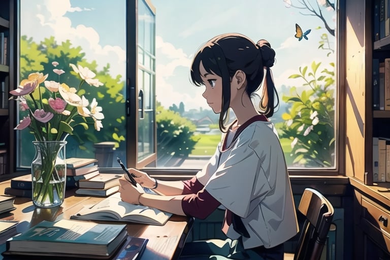 masterpiece, best quality, nice hands, perfect hands, 1girl, ghibli studio style,ghibli style.

butterflies, books, bookshelves, study table.

spring, positive things related to spring. ,highres