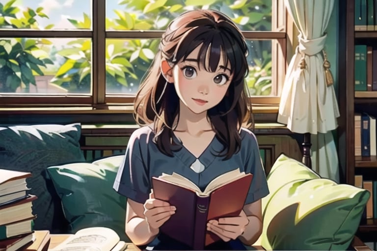 masterpiece, best quality, nice hands, perfect hands, 1girl, ghibli studio style,ghibli style, cozy, butterflies, a soft smile, High detailed, modern design,

books, bookshelves, study table, window, sheer curtain, coffee, 
spring, positive things related to spring. evening, 

The room around her is adorned with warm, orange light color, and the soft afternoon light gently spills onto the pages. She's surrounded by bookshelves filled with stories, creating an enchanting atmosphere perfect for a peaceful reading session. 

girl sits on a comfortable cushion with a captivating book in her hand. Her large, expressive eyes reflect the words on the pages, and a soft smile plays on her lips as she gets lost in the world of the story.

Display only books with perfect shapes.