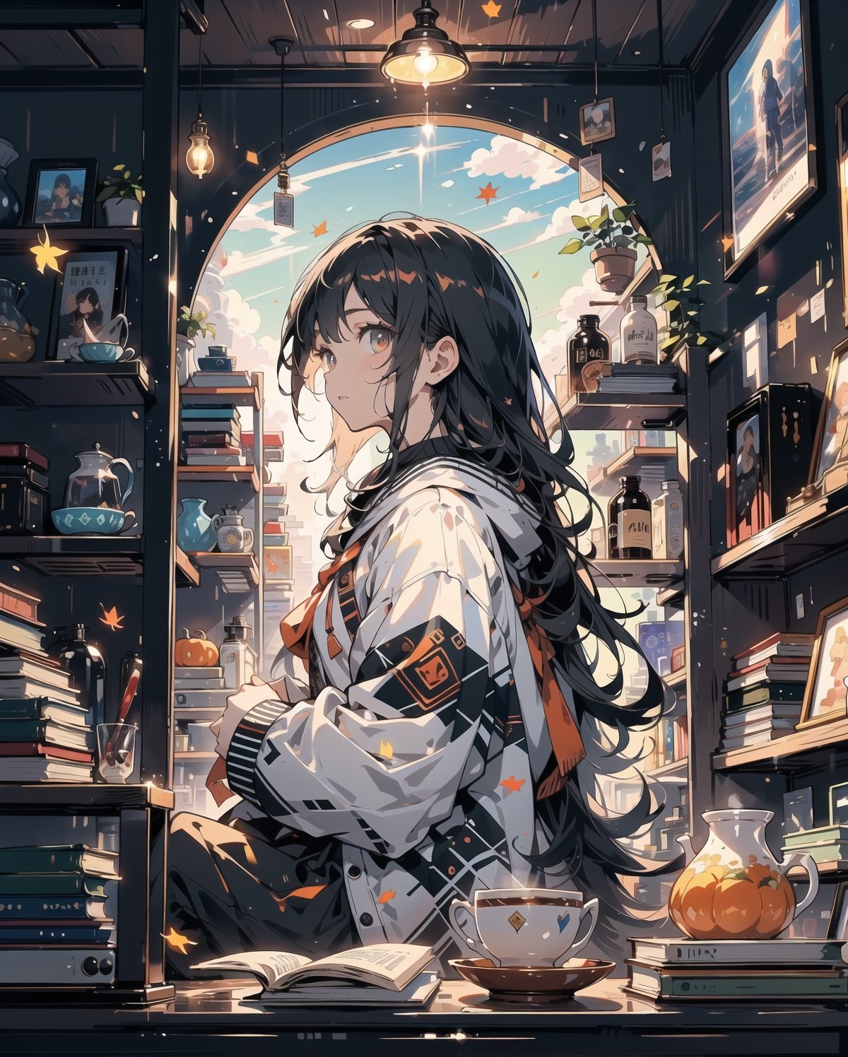 masterpiece, best quality, nice hands, perfect hands, 1girl, in_profile, pale, white skin, flat_chested, cozy, fall, autumn, coffee, falling leaves, window, sheer curtain, study table, evening, ghibli studio style,ghibli style, cinematic light, cinematic view, High detailed,Lofi, a soft smile,LinkGirl,kwon-nara

image, depict her in a unique pose that conveys her sense of adventure and enthusiasm. Create separate images for each pose, and make sure each one is set against a backdrop filled with the cosmic wonders of the universe, enhancing the vibrant atmosphere for each pose. These images should showcase the character's versatility and charm."girl sits on a comfortable cushion with a captivating book in her hands. Her large, expressive eyes reflect the words on the pages, and a soft smile plays on her lips as she gets lost in the world of the story. Her clothes are beautiful with shiny gold and silver.

The room around her is adorned with warm, orange light color, and the soft afternoon light gently spills onto the pages. She's surrounded by bookshelves filled with stories, creating an enchanting atmosphere perfect for a peaceful reading session.

As she turns the pages, the girl's curiosity and wonder come to life. The world of literature and the adventures within its pages are her cherished companions, making her reading moments truly magical."