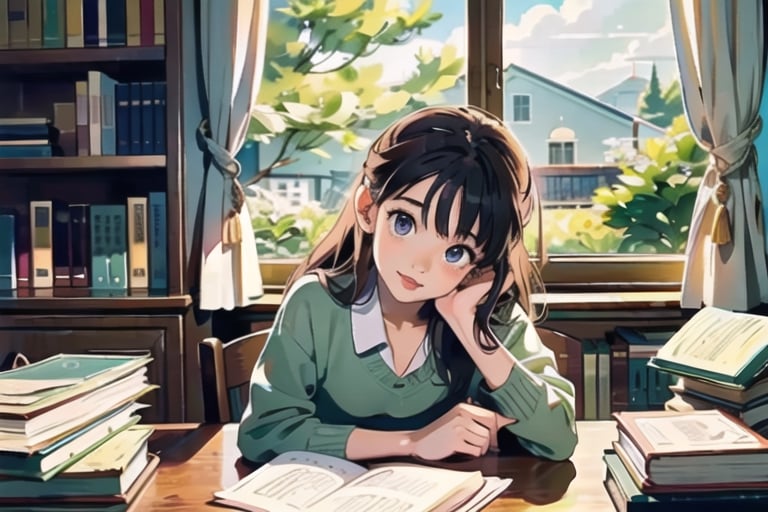 masterpiece, best quality, nice hands, perfect hands, 1girl, ghibli studio style,ghibli style, cozy, butterflies, a soft smile, High detailed, modern design,

books, bookshelves, study table, window, sheer curtain, coffee, 
spring, positive things related to spring. evening, 

The room around her is adorned with warm, orange light color, and the soft afternoon light gently spills onto the pages. She's surrounded by bookshelves filled with stories, creating an enchanting atmosphere perfect for a peaceful reading session. 

girl sits on a comfortable cushion with a captivating book in her hand. Her large, expressive eyes reflect the words on the pages, and a soft smile plays on her lips as she gets lost in the world of the story.

Display only books with perfect shapes.