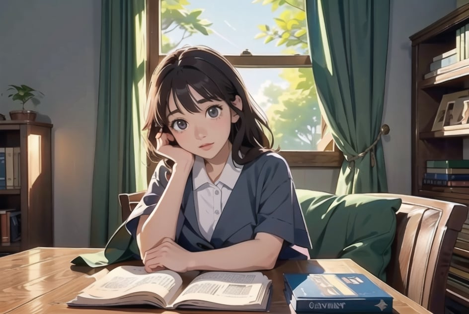 masterpiece, best quality, (detailed background:1.4), 8k wallpaper, 1 girl,  (detailed characters:1.3), nice hands, perfect hands, ghibli studio style,ghibli style, cozy,  High detailed, From the pelvis to the whole body

bookshelves, study table, sheer curtain, curtain, coffee, butterflies, large window, orange light color, Cats, plants, 

The room around her is adorned with warm, orange light color, and the soft afternoon light gently spills onto the pages. 
She creates a peaceful and fascinating atmosphere surrounded by bookshelves filled with stories.

girl sits on a comfortable cushion with a captivating book in her hand. Her large, expressive eyes reflect the words on the pages, and a soft smile plays on her lips as she gets lost in the world of the story.

Every book makes a perfect-shaped book. It only makes books that look horizontally.