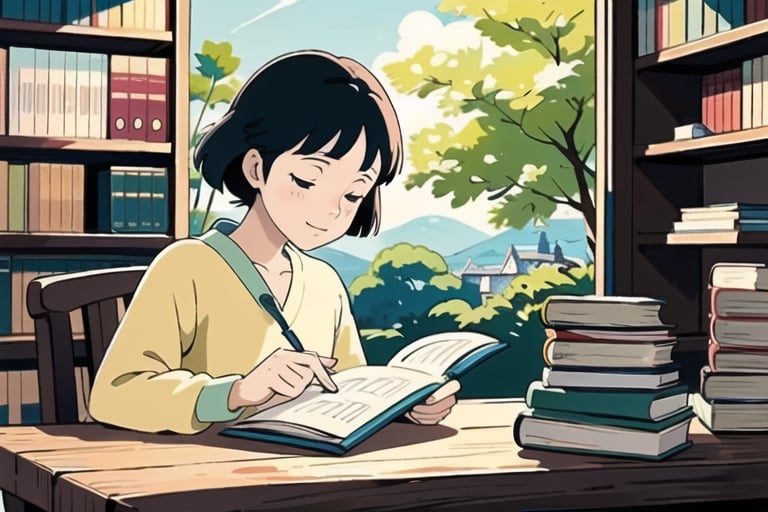 masterpiece, best quality, nice hands, perfect hands, 1girl, ghibli studio style,ghibli style.

butterflies, books, bookshelves, study table.

spring, positive things related to spring. 