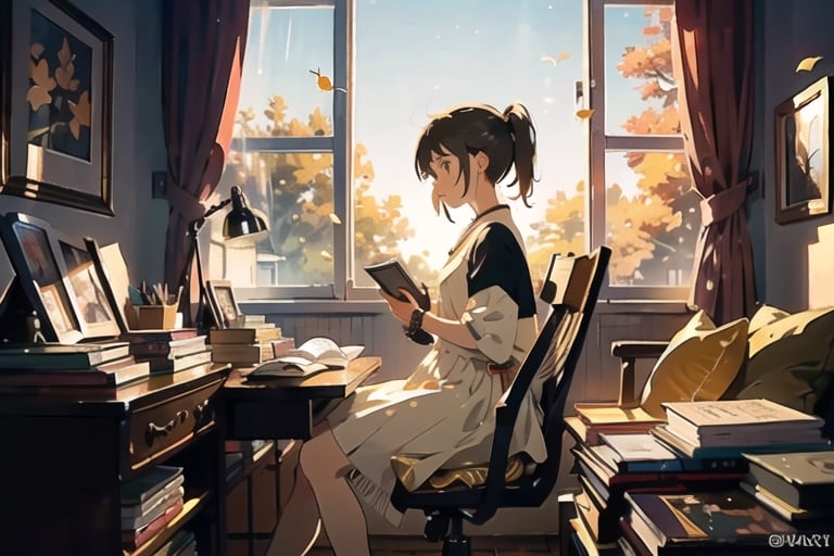 masterpiece, best quality, nice hands, perfect hands, 1girl, in_profile, pale, white skin, flat_chested, cozy, fall, autumn, coffee, falling leaves, window, sheer curtain, study table, evening, ghibli studio style,ghibli style, cinematic light, cinematic view, High detailed,Lofi, a soft smile,LinkGirl,kwon-nara

image, depict her in a unique pose that conveys her sense of adventure and enthusiasm. Create separate images for each pose, and make sure each one is set against a backdrop filled with the cosmic wonders of the universe, enhancing the vibrant atmosphere for each pose. These images should showcase the character's versatility and charm."girl sits on a comfortable cushion with a captivating book in her hands. Her large, expressive eyes reflect the words on the pages, and a soft smile plays on her lips as she gets lost in the world of the story. Her dress is neat and beautiful. The gold and silver-colored decorations are impressive.

The room around her is adorned with warm, orange light color, and the soft afternoon light gently spills onto the pages. She's surrounded by bookshelves filled with stories, creating an enchanting atmosphere perfect for a peaceful reading session. Golden lights or butterflies make space more beautiful.

As she turns the pages, the girl's curiosity and wonder come to life. The world of literature and the adventures within its pages are her cherished companions, making her reading moments truly magical."