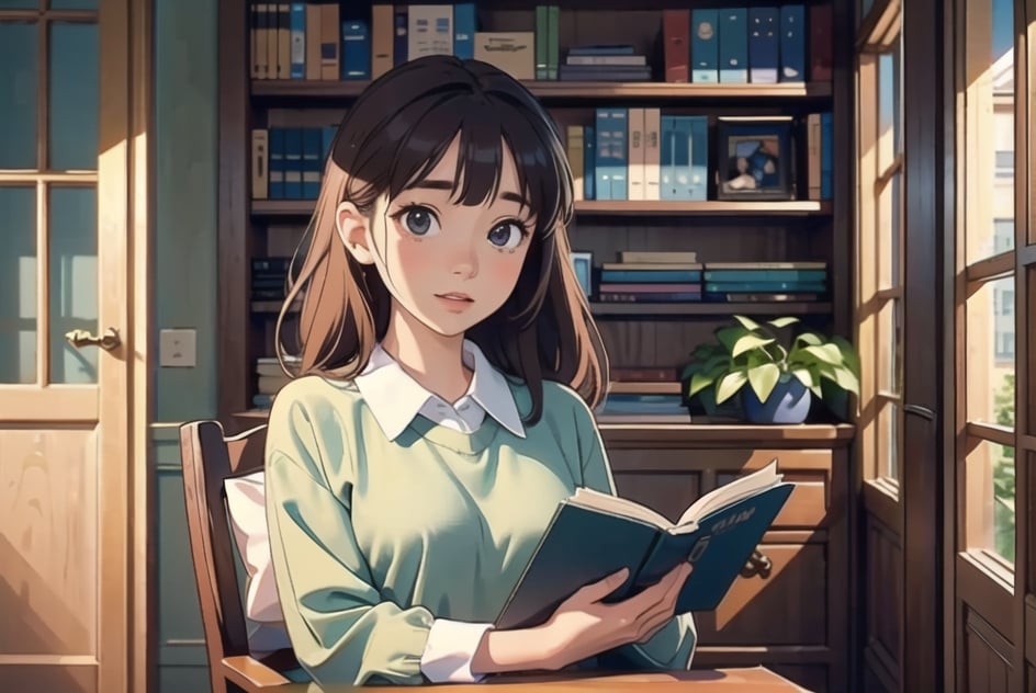 masterpiece, best quality, (detailed background:1.4), 8k wallpaper, 1 girl,  (detailed characters:1.3), nice hands, perfect hands, ghibli studio style,ghibli style, cozy,  High detailed, From the pelvis to the whole body

bookshelves, study table, sheer curtain, curtain, coffee, butterflies, large window, orange light color, Cats, plants, 

The room around her is adorned with warm, orange light color, and the soft afternoon light gently spills onto the pages. 
She creates a peaceful and fascinating atmosphere surrounded by bookshelves filled with stories.

girl sits on a comfortable cushion with a captivating book in her hand. Her large, expressive eyes reflect the words on the pages, and a soft smile plays on her lips as she gets lost in the world of the story.

Every book makes a perfect-shaped book. It only makes books that look horizontally.