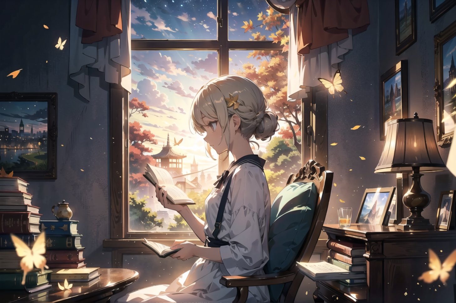 masterpiece, best quality, nice hands, perfect hands, 1girl, in_profile, pale, white skin, flat_chested, cozy, fall, autumn, coffee, falling leaves, window, sheer curtain, study table, evening, ghibli studio style,ghibli style, cinematic light, cinematic view, High detailed,Lofi, a soft smile,LinkGirl,kwon-nara

image, depict her in a unique pose that conveys her sense of adventure and enthusiasm. Create separate images for each pose, and make sure each one is set against a backdrop filled with the cosmic wonders of the universe, enhancing the vibrant atmosphere for each pose. These images should showcase the character's versatility and charm."girl sits on a comfortable cushion with a captivating book in her hands. Her large, expressive eyes reflect the words on the pages, and a soft smile plays on her lips as she gets lost in the world of the story. Her dress is neat and beautiful. The gold and silver-colored decorations are impressive.

The room around her is adorned with warm, orange light color, and the soft afternoon light gently spills onto the pages. She's surrounded by bookshelves filled with stories, creating an enchanting atmosphere perfect for a peaceful reading session. Golden lights or butterflies make space more beautiful.

As she turns the pages, the girl's curiosity and wonder come to life. The world of literature and the adventures within its pages are her cherished companions, making her reading moments truly magical."