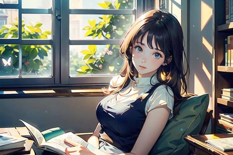 masterpiece, best quality, nice hands, perfect hands, 1girl, ghibli studio style,ghibli style, cozy, butterflies, a soft smile, High detailed, modern design,

books, bookshelves, study table, window, sheer curtain, coffee, 
spring, positive things related to spring. evening, 

The room around her is adorned with warm, orange light color, and the soft afternoon light gently spills onto the pages. She's surrounded by bookshelves filled with stories, creating an enchanting atmosphere perfect for a peaceful reading session. 

girl sits on a comfortable cushion with a captivating book in her hand. Her large, expressive eyes reflect the words on the pages, and a soft smile plays on her lips as she gets lost in the world of the story.

Display only books with perfect shapes.