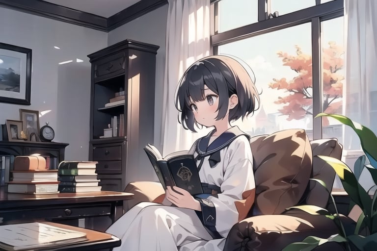 masterpiece, best quality, nice hands, perfect hands, 1girl, in_profile, pale, white skin, flat_chested, cozy, fall, autumn, coffee, falling leaves, window, sheer curtain, study table, evening, ghibli studio style,ghibli style, cinematic light, cinematic view, High detailed,Lofi, a soft smile,LinkGirl,kwon-nara

image, depict her in a unique pose that conveys her sense of adventure and enthusiasm. Create separate images for each pose, and make sure each one is set against a backdrop filled with the cosmic wonders of the universe, enhancing the vibrant atmosphere for each pose. These images should showcase the character's versatility and charm."girl sits on a comfortable cushion with a captivating book in her hands. Her large, expressive eyes reflect the words on the pages, and a soft smile plays on her lips as she gets lost in the world of the story. Her clothes are beautiful with shiny gold and silver.

The room around her is adorned with warm, orange light color, and the soft afternoon light gently spills onto the pages. She's surrounded by bookshelves filled with stories, creating an enchanting atmosphere perfect for a peaceful reading session.

As she turns the pages, the girl's curiosity and wonder come to life. The world of literature and the adventures within its pages are her cherished companions, making her reading moments truly magical."