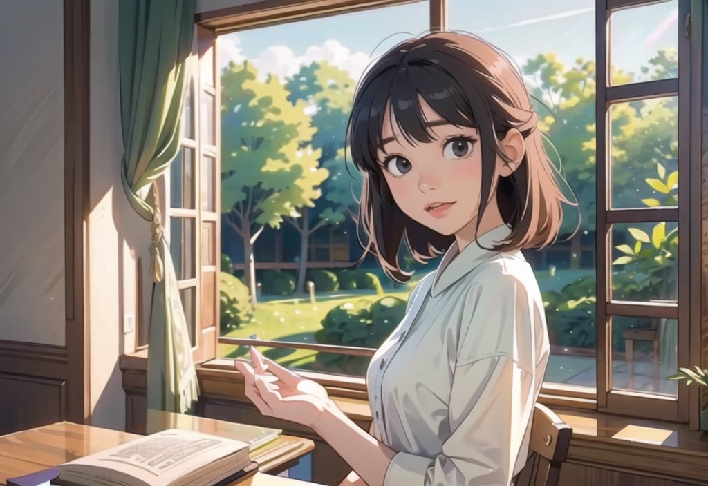 Best Quality, masterpiece, 8k wallpaper, (detailed girl:1.3), (detailed background:1.4), immaculate beauty, Ghibli studio, Ghibli studio style, 
Plants, books, winter, big windows, thin curtains, 

1 girl, best quality, soft smile, modern clothes,

A warm, bright afternoon light shines on the room where she is. She sits on a comfortable cushion and falls for a book and the figure is perfectly charming and beautiful.

Every book makes a perfect-shaped book. It only makes books that look horizontally.,interior,Beautiful Beach,md,1 girl,Bomi,pastelbg