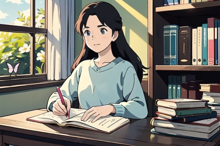 masterpiece, best quality, nice hands, perfect hands, 1girl, ghibli studio style,ghibli style.

butterflies, books, bookshelves, study table.

spring, positive things related to spring. 