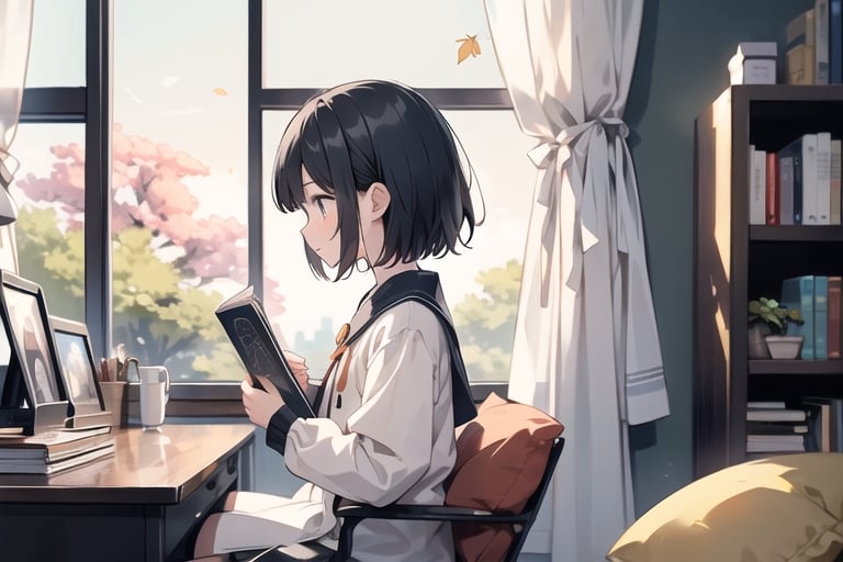 masterpiece, best quality, nice hands, perfect hands, 1girl, in_profile, pale, white skin, flat_chested, cozy, fall, autumn, coffee, falling leaves, window, sheer curtain, study table, evening, ghibli studio style,ghibli style, cinematic light, cinematic view, High detailed,Lofi, a soft smile,LinkGirl,kwon-nara



image, depict her in a unique pose that conveys her sense of adventure and enthusiasm. Create separate images for each pose, and make sure each one is set against a backdrop filled with the cosmic wonders of the universe, enhancing the vibrant atmosphere for each pose. These images should showcase the character's versatility and charm."girl sits on a comfortable cushion with a captivating book in her hands. Her large, expressive eyes reflect the words on the pages, and a soft smile plays on her lips as she gets lost in the world of the story. Her clothes are beautiful with gold and silver points.

The room around her is adorned with warm, orange light color, and the soft afternoon light gently spills onto the pages. She's surrounded by bookshelves filled with stories, creating an enchanting atmosphere perfect for a peaceful reading session.

As she turns the pages, the girl's curiosity and wonder come to life. The world of literature and the adventures within its pages are her cherished companions, making her reading moments truly magical."