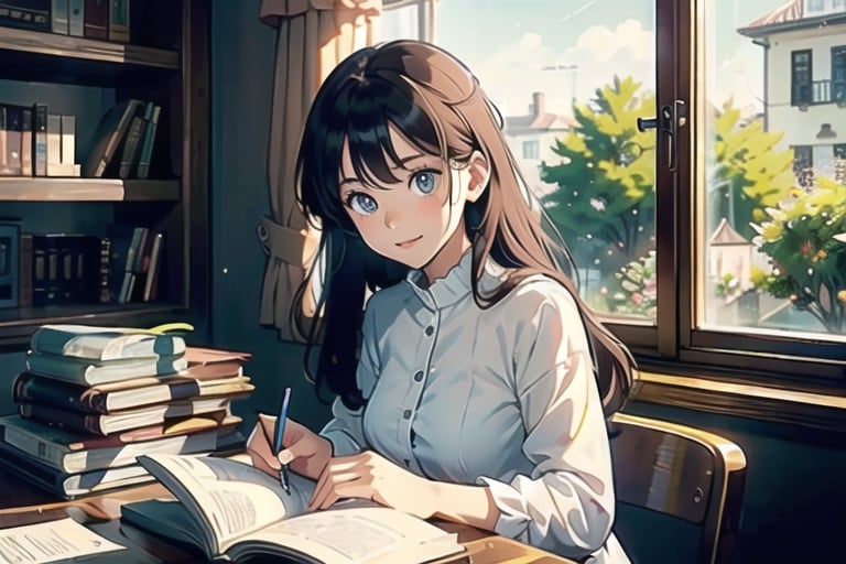 masterpiece, best quality, nice hands, perfect hands, 1girl, ghibli studio style,ghibli style, cozy, butterflies, a soft smile, High detailed, modern design,

books, bookshelves, study table, window, sheer curtain, coffee, 
spring, positive things related to spring. evening, 

The room around her is adorned with warm, orange light color, and the soft afternoon light gently spills onto the pages. She's surrounded by bookshelves filled with stories, creating an enchanting atmosphere perfect for a peaceful reading session. 

girl sits on a comfortable cushion with a captivating book in her hand. Her large, expressive eyes reflect the words on the pages, and a soft smile plays on her lips as she gets lost in the world of the story.

Display only books with perfect shapes.