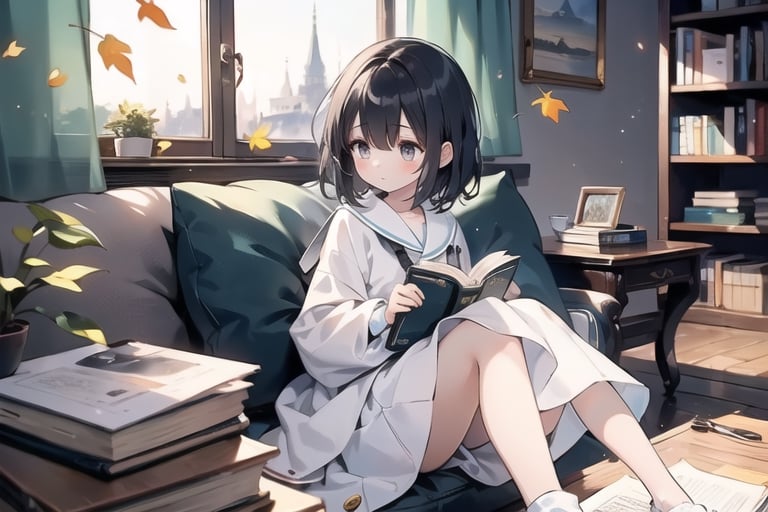 masterpiece, best quality, nice hands, perfect hands, 1girl, in_profile, pale, white skin, flat_chested, cozy, fall, autumn, coffee, falling leaves, window, sheer curtain, study table, evening, ghibli studio style,ghibli style, cinematic light, cinematic view, High detailed,Lofi, a soft smile,LinkGirl,kwon-nara

image, depict her in a unique pose that conveys her sense of adventure and enthusiasm. Create separate images for each pose, and make sure each one is set against a backdrop filled with the cosmic wonders of the universe, enhancing the vibrant atmosphere for each pose. These images should showcase the character's versatility and charm."girl sits on a comfortable cushion with a captivating book in her hands. Her large, expressive eyes reflect the words on the pages, and a soft smile plays on her lips as she gets lost in the world of the story. Her clothes are beautiful with shiny gold and silver.

The room around her is adorned with warm, orange light color, and the soft afternoon light gently spills onto the pages. She's surrounded by bookshelves filled with stories, creating an enchanting atmosphere perfect for a peaceful reading session.

As she turns the pages, the girl's curiosity and wonder come to life. The world of literature and the adventures within its pages are her cherished companions, making her reading moments truly magical."