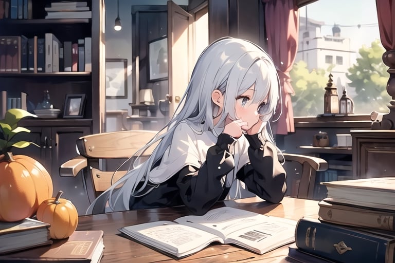 masterpiece, best quality, nice hands, perfect hands, 1girl, in_profile, pale, white skin, flat_chested, cozy, fall, autumn, coffee, falling leaves, window, sheer curtain, study table, evening, ghibli studio style,ghibli style, cinematic light, cinematic view, High detailed,Lofi, a soft smile,LinkGirl,kwon-nara

image, depict her in a unique pose that conveys her sense of adventure and enthusiasm. Create separate images for each pose, and make sure each one is set against a backdrop filled with the cosmic wonders of the universe, enhancing the vibrant atmosphere for each pose. These images should showcase the character's versatility and charm."girl sits on a comfortable cushion with a captivating book in her hands. Her large, expressive eyes reflect the words on the pages, and a soft smile plays on her lips as she gets lost in the world of the story. Her clothes are beautiful with shiny gold and silver.

The room around her is adorned with warm, orange light color, and the soft afternoon light gently spills onto the pages. She's surrounded by bookshelves filled with stories, creating an enchanting atmosphere perfect for a peaceful reading session.

As she turns the pages, the girl's curiosity and wonder come to life. The world of literature and the adventures within its pages are her cherished companions, making her reading moments truly magical."