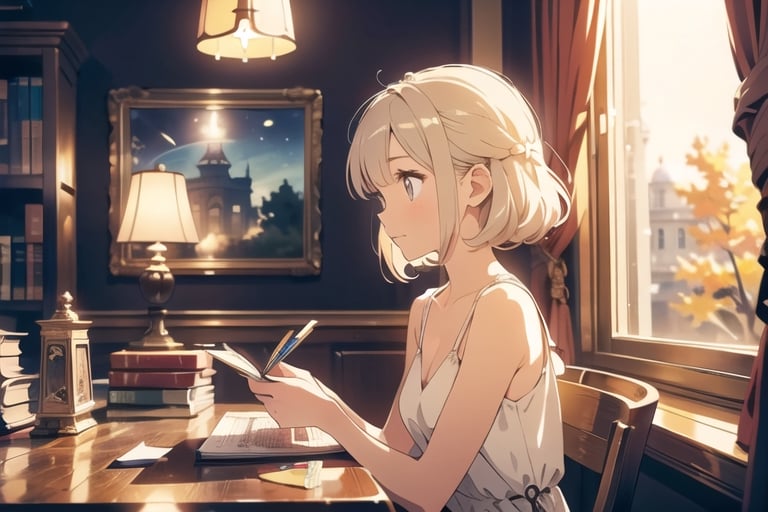 masterpiece, best quality, nice hands, perfect hands, 1girl, in_profile, pale, white skin, flat_chested, cozy, fall, autumn, coffee, falling leaves, window, sheer curtain, study table, evening, ghibli studio style,ghibli style, cinematic light, cinematic view, High detailed,Lofi, a soft smile,LinkGirl,kwon-nara

image, depict her in a unique pose that conveys her sense of adventure and enthusiasm. Create separate images for each pose, and make sure each one is set against a backdrop filled with the cosmic wonders of the universe, enhancing the vibrant atmosphere for each pose. These images should showcase the character's versatility and charm."girl sits on a comfortable cushion with a captivating book in her hands. Her large, expressive eyes reflect the words on the pages, and a soft smile plays on her lips as she gets lost in the world of the story. Her dress is neat and beautiful. The gold and silver-colored decorations are impressive.

The room around her is adorned with warm, orange light color, and the soft afternoon light gently spills onto the pages. She's surrounded by bookshelves filled with stories, creating an enchanting atmosphere perfect for a peaceful reading session. Golden lights or butterflies make space more beautiful.

As she turns the pages, the girl's curiosity and wonder come to life. The world of literature and the adventures within its pages are her cherished companions, making her reading moments truly magical."