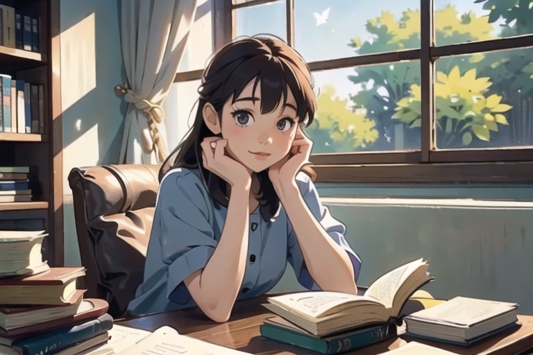 masterpiece, best quality, nice hands, perfect hands, 1girl, ghibli studio style,ghibli style, cozy, butterflies, a soft smile, High detailed, modern design,

books, bookshelves, study table, window, sheer curtain, coffee, 
spring, positive things related to spring. evening, 

The room around her is adorned with warm, orange light color, and the soft afternoon light gently spills onto the pages. She's surrounded by bookshelves filled with stories, creating an enchanting atmosphere perfect for a peaceful reading session. 

girl sits on a comfortable cushion with a captivating book in her hand. Her large, expressive eyes reflect the words on the pages, and a soft smile plays on her lips as she gets lost in the world of the story.

Display only books with perfect shapes.