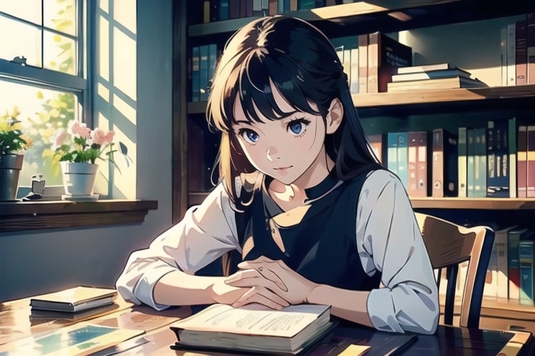 masterpiece, best quality, nice hands, perfect hands, 1girl, ghibli studio style,ghibli style.

butterflies, books, bookshelves, study table.

spring, positive things related to spring. ,highres