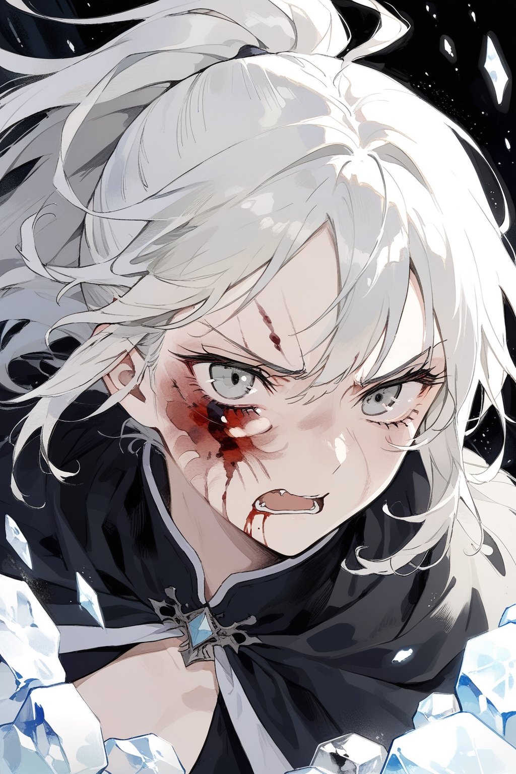 white hair in a ponytail with bangs, grey eyes, threatening eyes, angry, battlefield, black robes, masterpiece, best quality,aesthetic,dark art,blood on face, wounds, more detail XL, desperation, Ice magic, ice,
