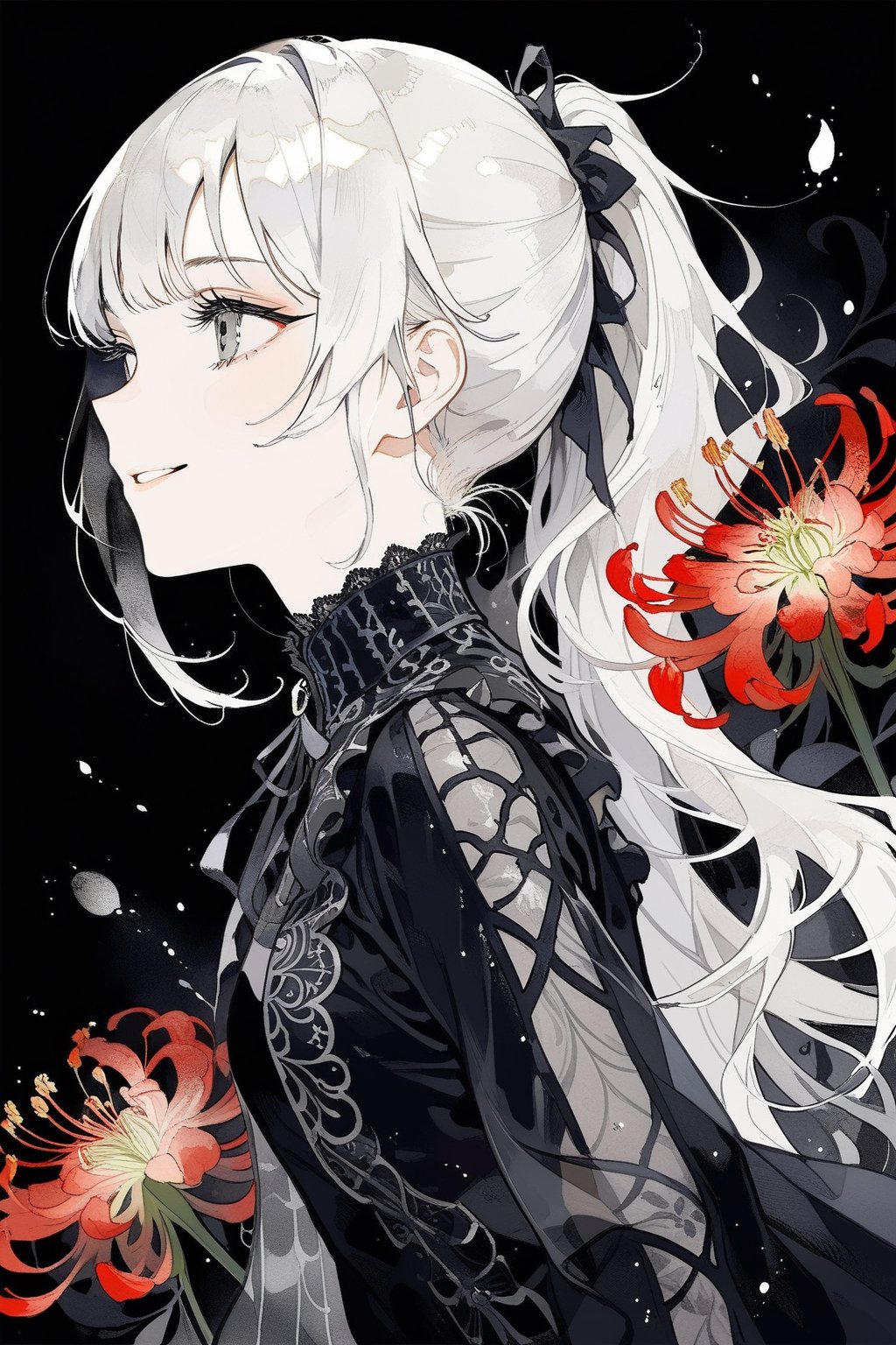 From side, long white hair in a ponytail withs bangs, grey eyes, goddess, sly smile, [spider lily flowers], black elaborate shirt, masterpiece, best quality,aesthetic,dark art,black background ,more detail XL,