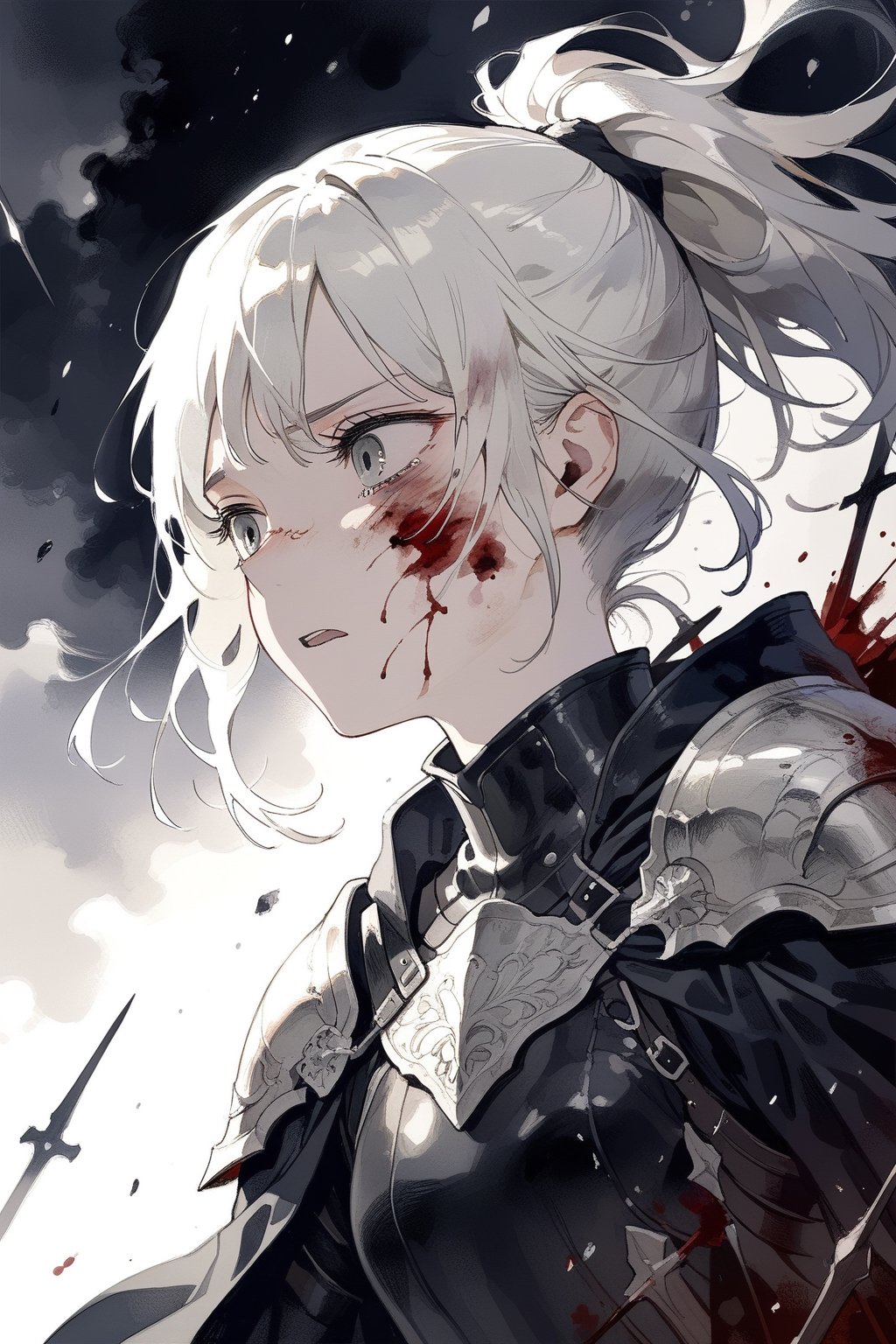 long white hair in a ponytail with bangs, grey eyes, look of shock and dispair, tears in eyes, tragedy, dressed in delicate leather armor, battlefield, black robes, masterpiece, best quality,aesthetic,dark art,blood on face, wounds, more detail XL, desperation,