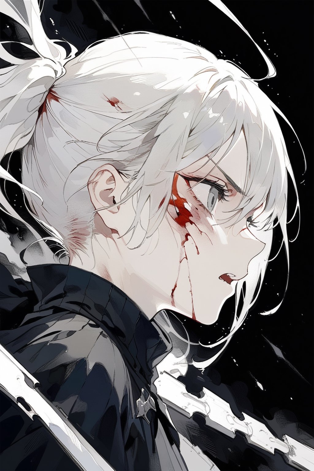 From side, white hair in a ponytail, grey eyes, threatening eyes, angry, battlefield, black robes, masterpiece, best quality,aesthetic,dark art,blood on face, wounds,black background ,more detail XL