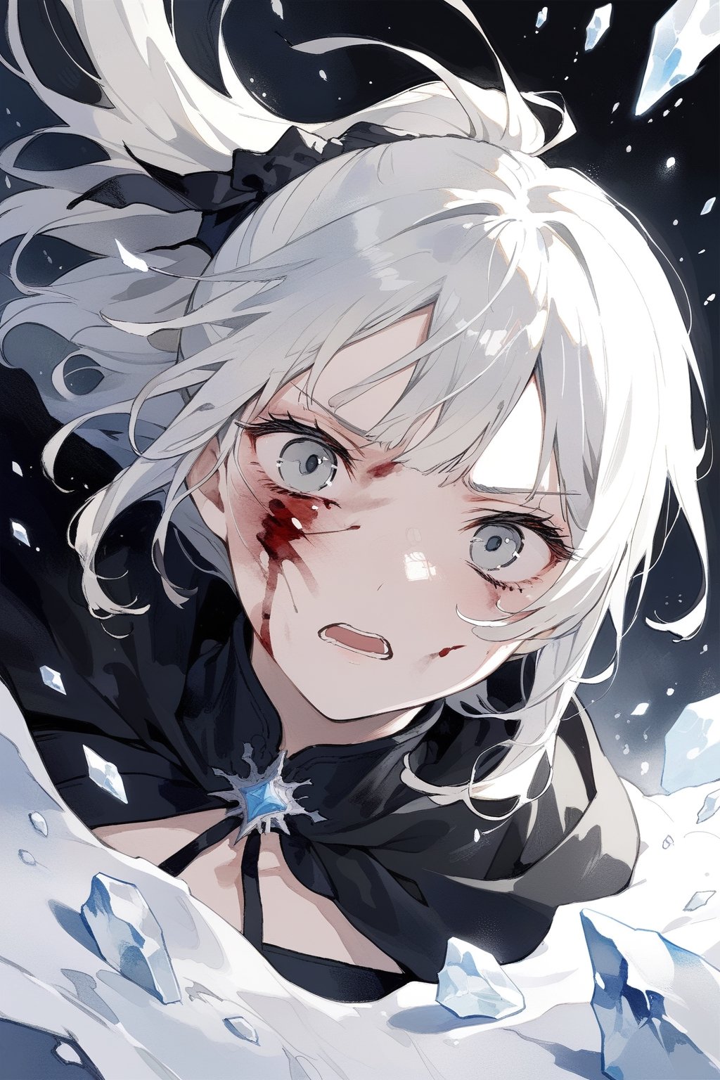 white hair in a ponytail with bangs, grey eyes, look of shock and dispair, battlefield, black robes, masterpiece, best quality,aesthetic,dark art,blood on face, wounds, more detail XL, desperation, Ice magic, ice,