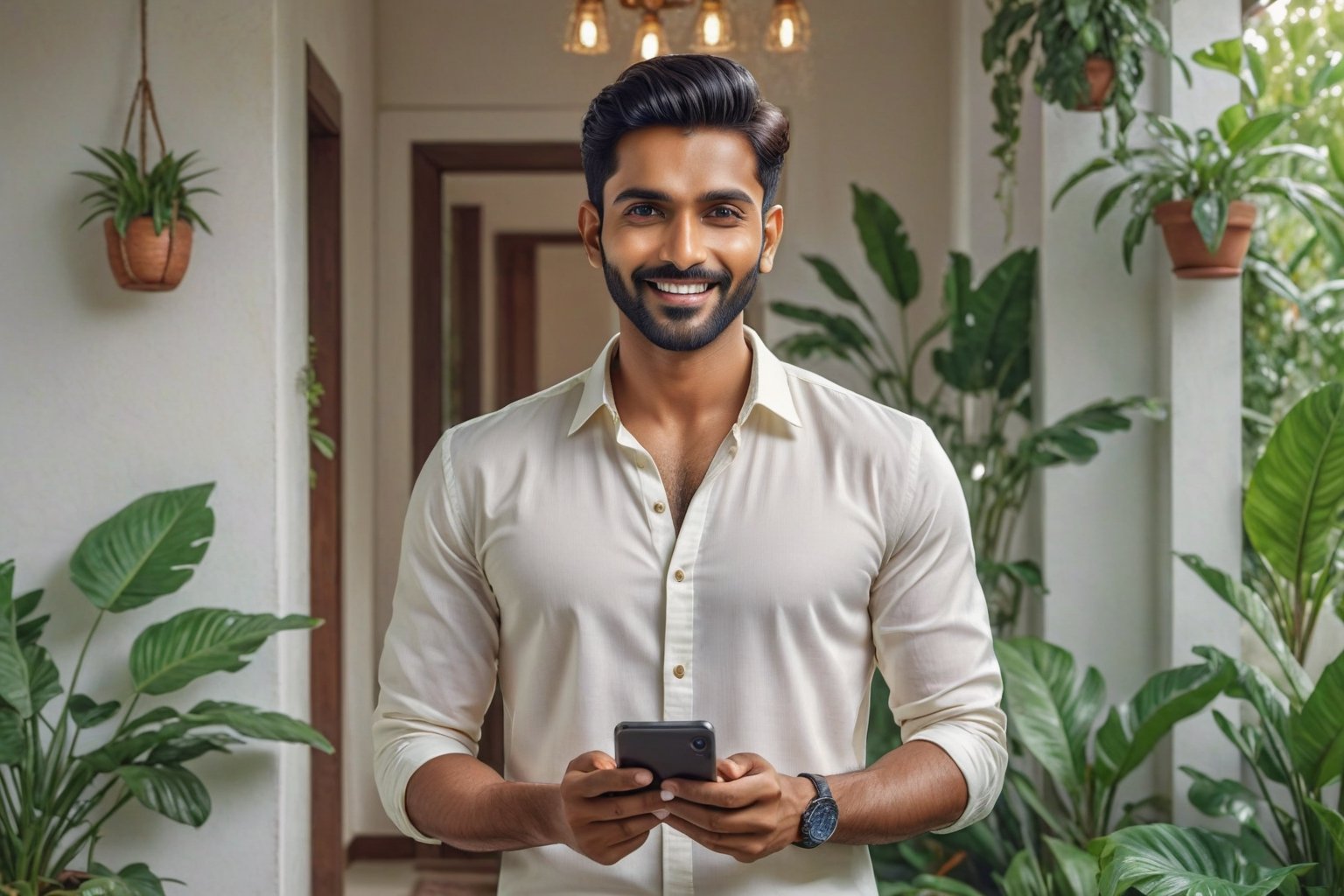 handsome indian man,  White shirt , full body  looking at phone, happy, holding phone, in her house,  open hair,  plants in background, octane render, 35mm, bokeh, 9:16, (intricate details:1.12), hdr, (intricate details, hyperdetailed:1.15), (natural skin texture, hyperrealism, soft light, sharp:1.2), detailed,  india,aw0k euphoric style,photorealistic,Extremely Realistic,aesthetic portrait