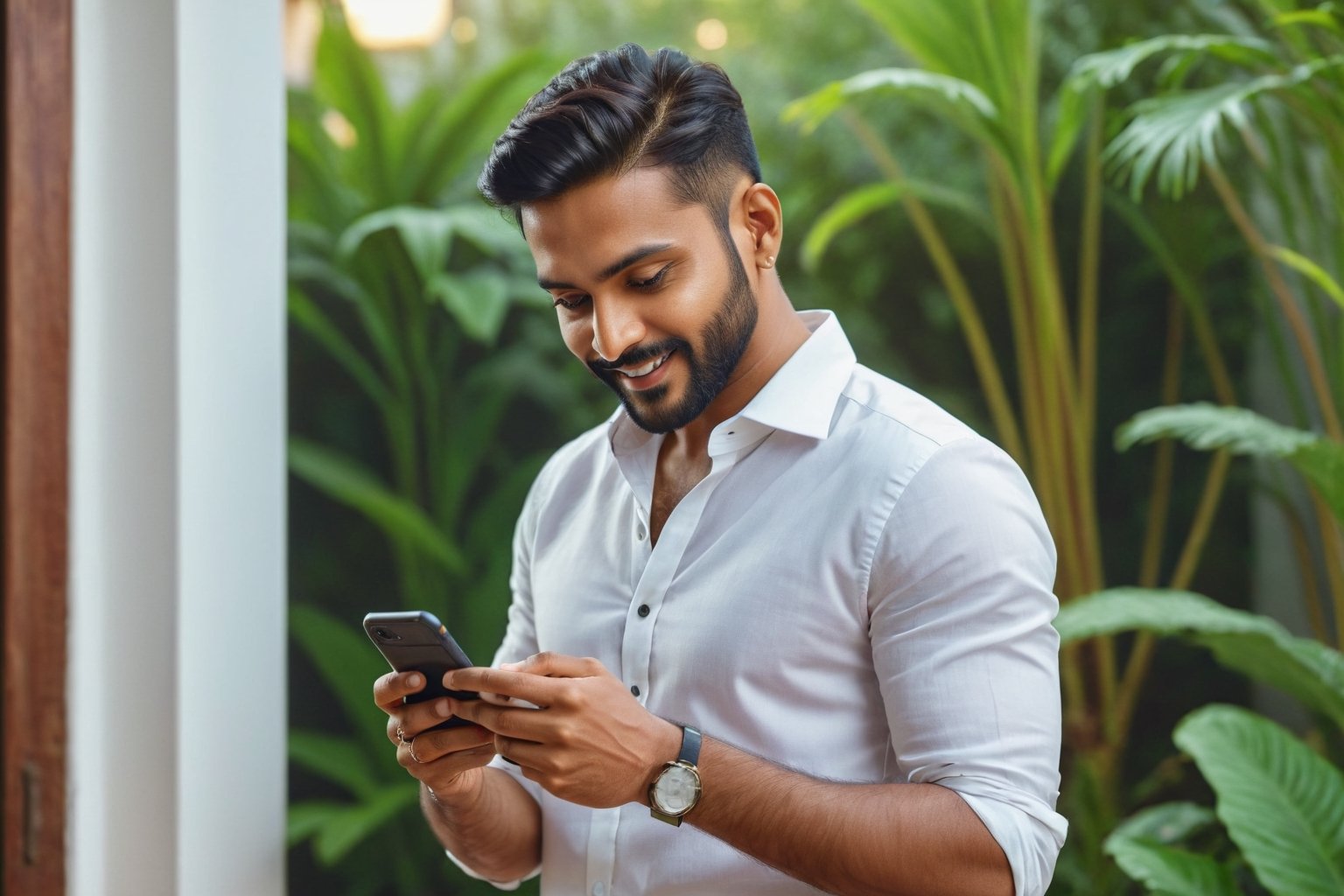 handsome indian man,  White shirt , full body  looking at phone, happy, holding phone, in her house,  open hair,  plants in background, octane render, 35mm, bokeh, 9:16, (intricate details:1.12), hdr, (intricate details, hyperdetailed:1.15), (natural skin texture, hyperrealism, soft light, sharp:1.2), detailed,  india,aw0k euphoric style,photorealistic,Extremely Realistic,aesthetic portrait