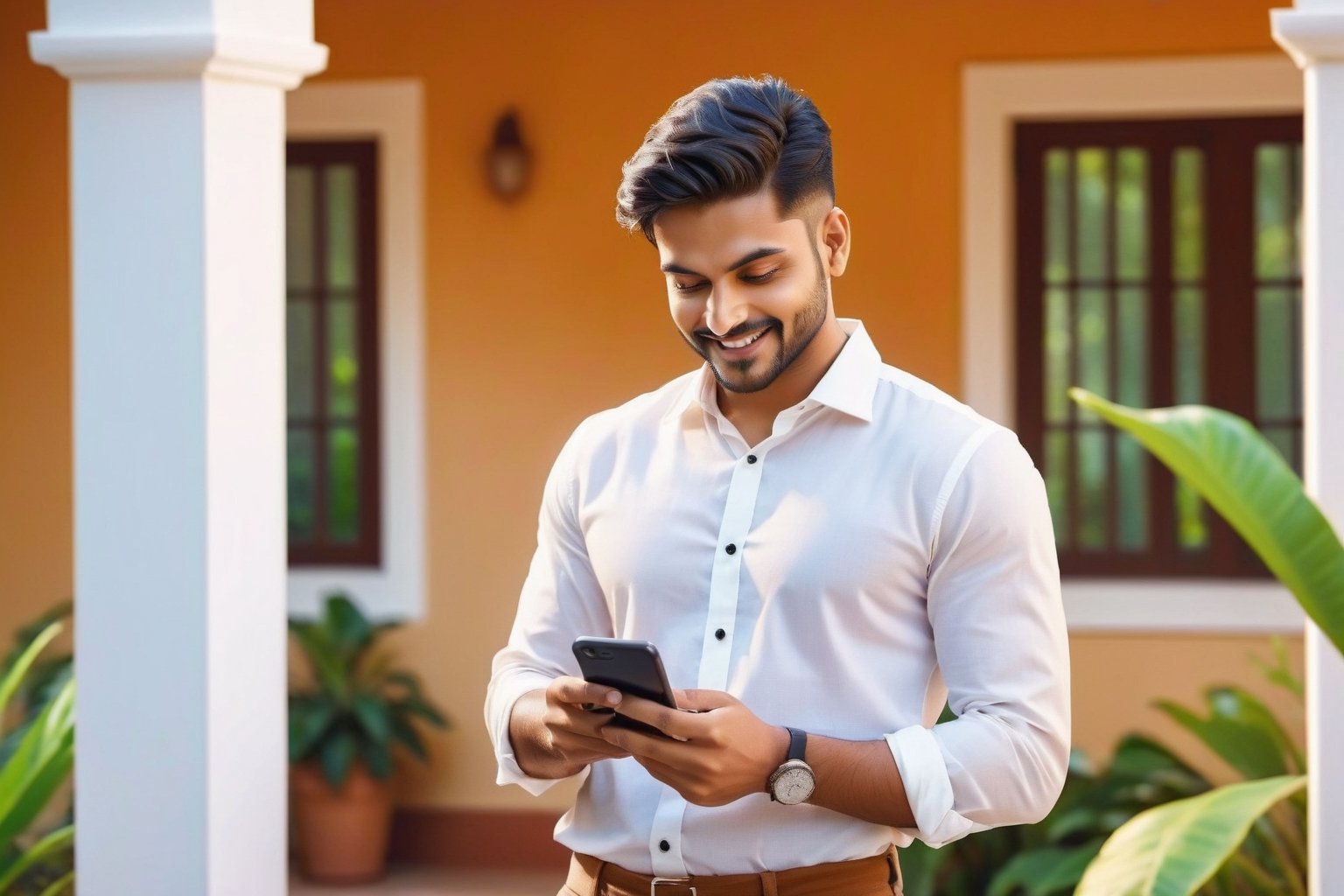 handsome indian man, pass out graduation college, White shirt , full body  looking at phone, happy, holding phone, in her house,  open hair,  plants in background, octane render, 35mm, bokeh, 9:16, (intricate details:1.12), hdr, (intricate details, hyperdetailed:1.15), (natural skin texture, hyperrealism, soft light, sharp:1.2), detailed,  india,aw0k euphoric style,photorealistic,Extremely Realistic,aesthetic portrait