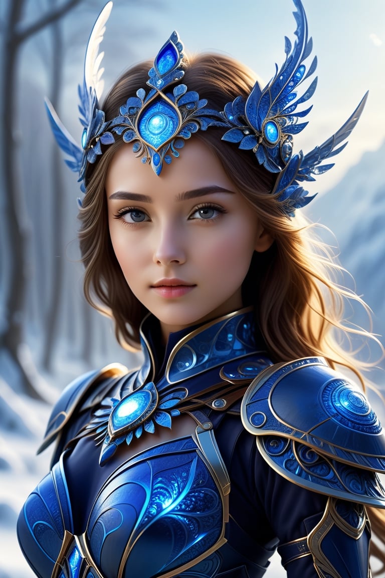 ultra realistic, best quality, cinematic, ultra detailed picture of beautiful cute friendly female wearing an intricate form-fitting cobalt winter outfit with glowing fractal elements, armor love goddes,enchanted snowy landscape, outdoors, winter, sharp focus, work of beauty and complexity invoking a sense of magic and fantasy, 8k UHD, colorful aura, glowing,framing: (ground level angle, frontal), (((smooth lips, closeup)))