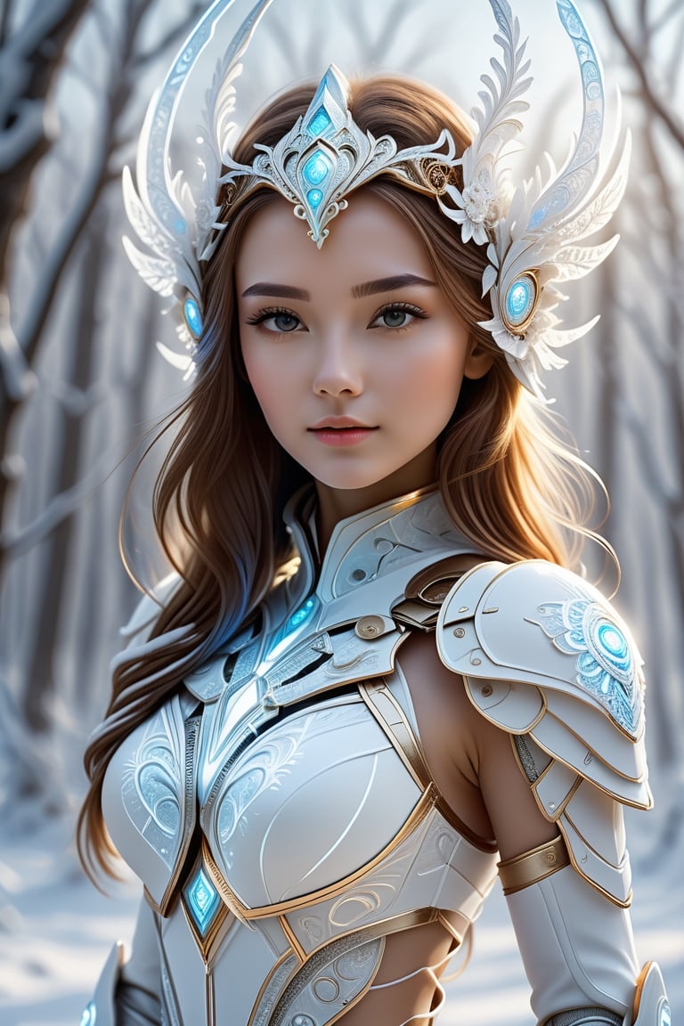 ultra realistic, best quality, cinematic, ultra detailed picture of beautiful cute friendly female wearing an intricate form-fitting  white winter outfit with glowing fractal elements, armor love goddes,thin leggings,enchanted snowy landscape, outdoors, winter, sharp focus, work of beauty and complexity invoking a sense of magic and fantasy, 8k UHD, colorful aura, glowing,framing: (ground level angle, frontal), (((smooth lips,)))