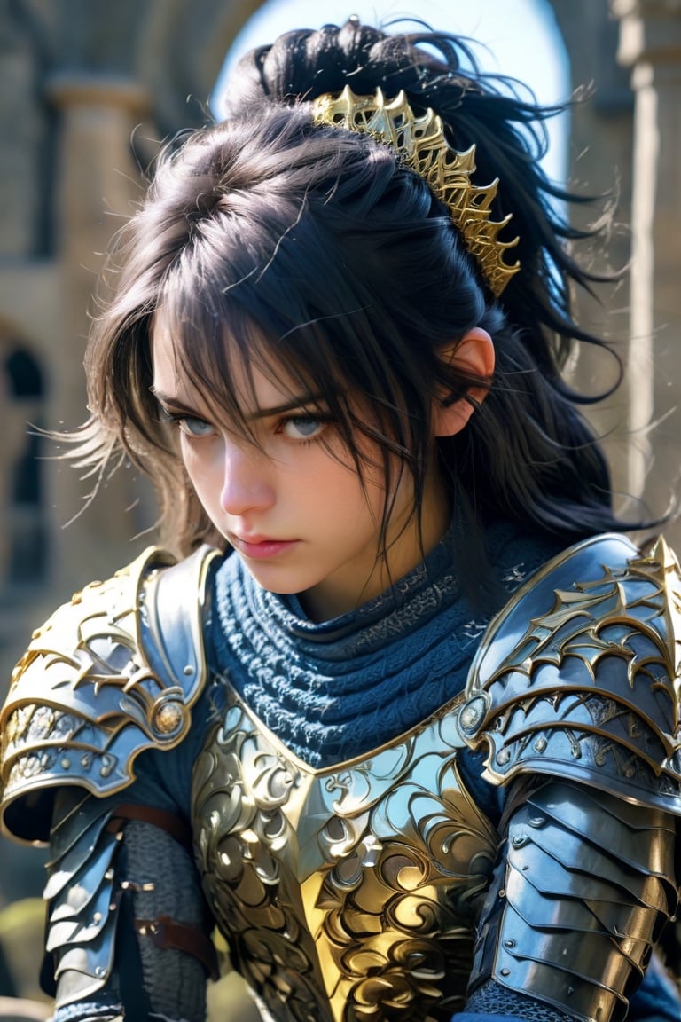 European style, fantasy, solo, cute girl, knight outfit,black & silver long hair, battle, faithing, enemy, ruins, (masterpiece), (best quality), (ultra-detailed), (an extremely delicate and beautiful), ((textile shading)), (caustics), (((sharp focus))),photography, cute girl,blue eyes, black hair, gem, gold,
ultra realistic,uhd,8k,real life,close up,full_body,looking_at_viewer,neon,((knee level angle,front)),yx-hd