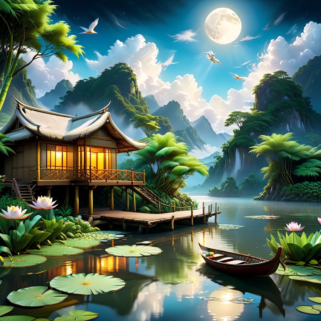 (extremely detailed CG unity 8k wallpaper),(((masterpiece))), (((best quality))), ((ultra-detailed)), (best illustration),(best shadow), ((an extremely delicate and beautiful)), Giant tree,wooden boats, bamboo bridges,dynamic angle, long shot of a hut by the river,  large mountains, clouds under passing beautiful trees tops, dusk time, water lilies in the lake blooming, lush plants, moonlight shining through the white clouds, bold colors, hyper-realistic, (detailed light), feather, nature, (sunlight), beautiful and delicate water,(painting),(sketch),(bloom),(shine), high resolution, high contrast ratio, high detail, high texture, texture surreal high-quality figure, ultra high quality, golden ratio,3D,Cartoon