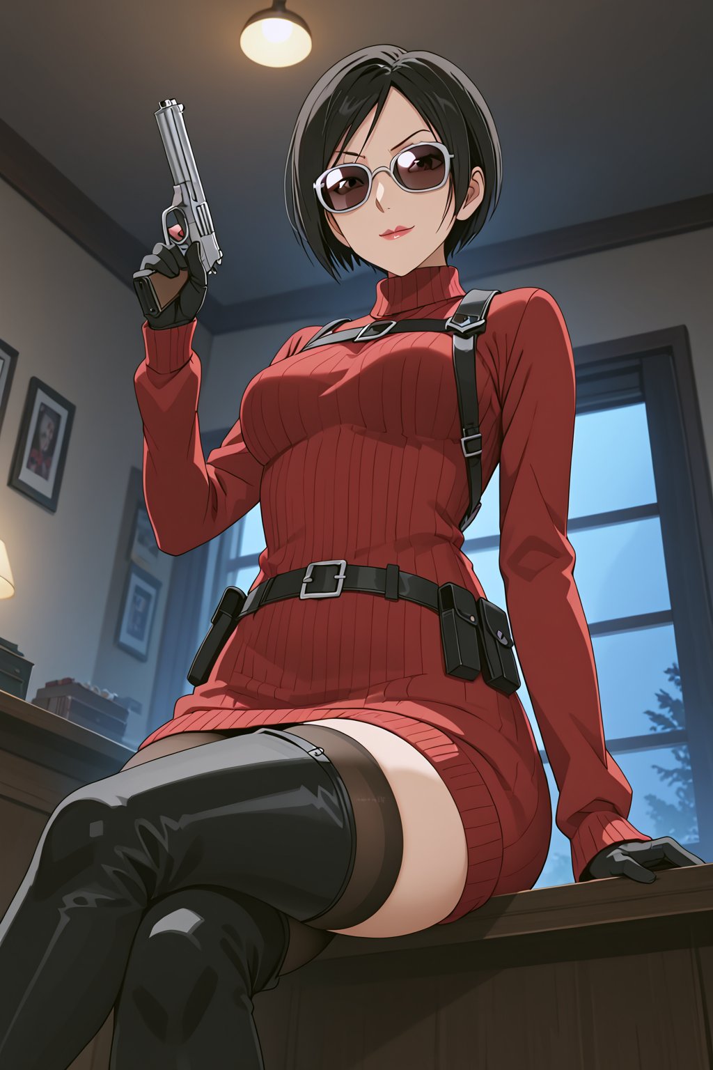 score_9,score_8_up,score_7_up,ada wong,solo, (burgundy sweater,thigh boots,black pantyhose,holster,harness,black gloves,sunglasses,handgun),evil smug,crossed_legs_(sitting),indoors,window,horror_themed,dark,night,dark atmosphere,spooky,low-angle_shot,from below,official anime screenshot,official anime screencap,source_hentai