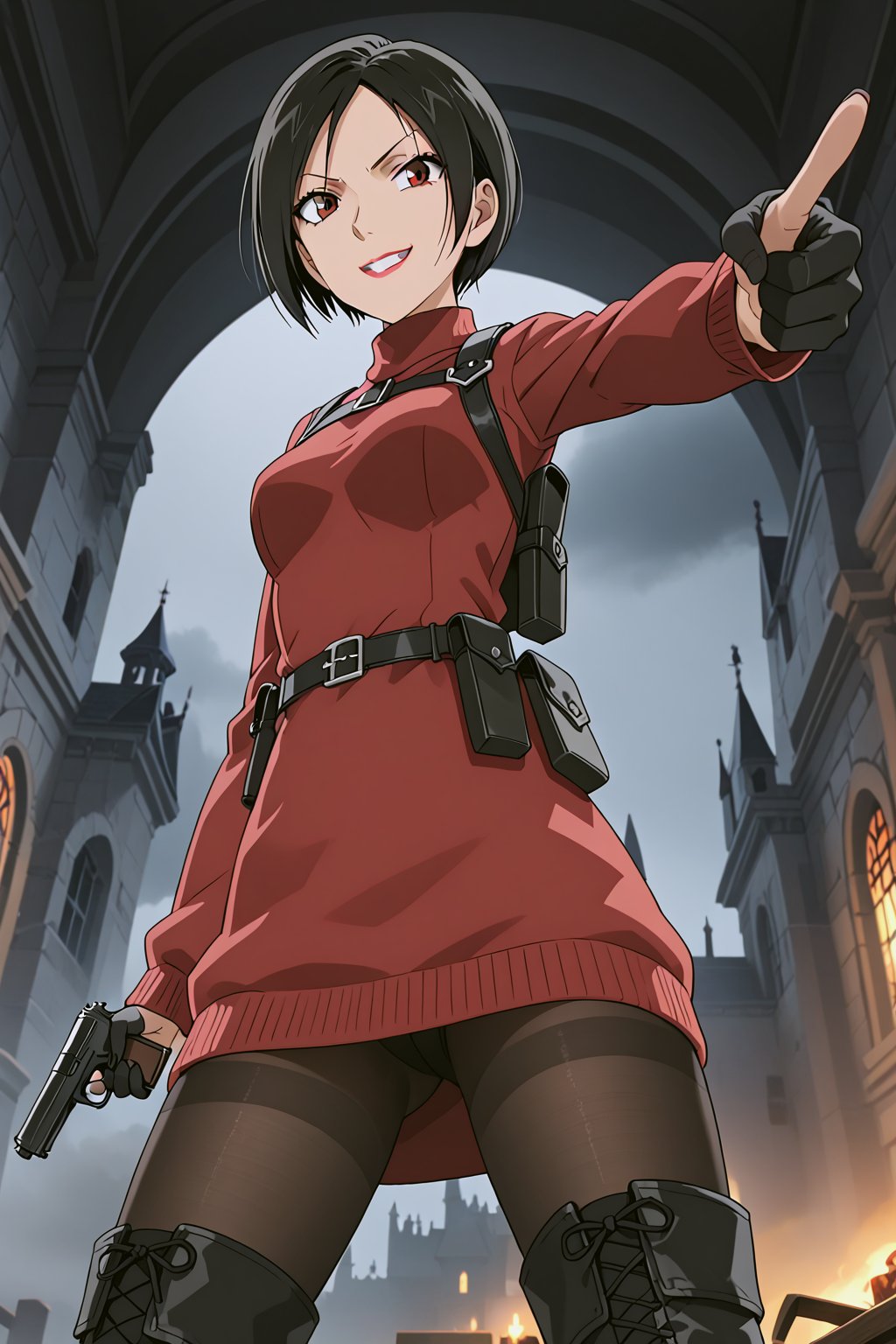 score_9,score_8_up,score_7_up,soutce_resident_evil_4,ada wong,solo, (burgundy_sweater,thigh boots,black pantyhose,holster,harness,black gloves,one handgun),smug,pointing handgun,action, action_pose,inside_castle,horror_themed,dark,night,fog,viewed_from_side,low-angle_shot,official anime screenshot,official anime screencap,source_anime