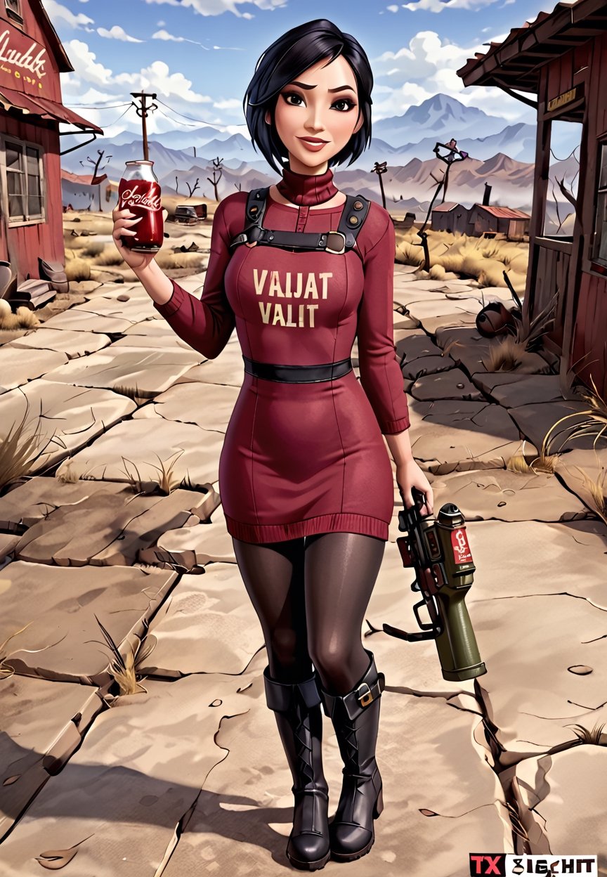 ((((Fallout_4_style)))), 24yo Ada Wong with BLACK asymmetrical blunt bobcut and (black eyeshadow), wearing (burgundy turtleneck sweater dress) with ((black_harness)), ((((black nylon pantyhose)))) under, (((long Black leather thighhigh boots))), Holding , Assault Rifle, in apocalyptic ((wastecity)), Nuka_Cola_Bottle, Vault Tec, smile, hypnosis gaze, haze, perfect composition, epic, rtx on, UHD, 32K, photorealistic, ((natural realistic skin tone and texture)). Fallout_4_logo,disney pixar style,fallout,score_9