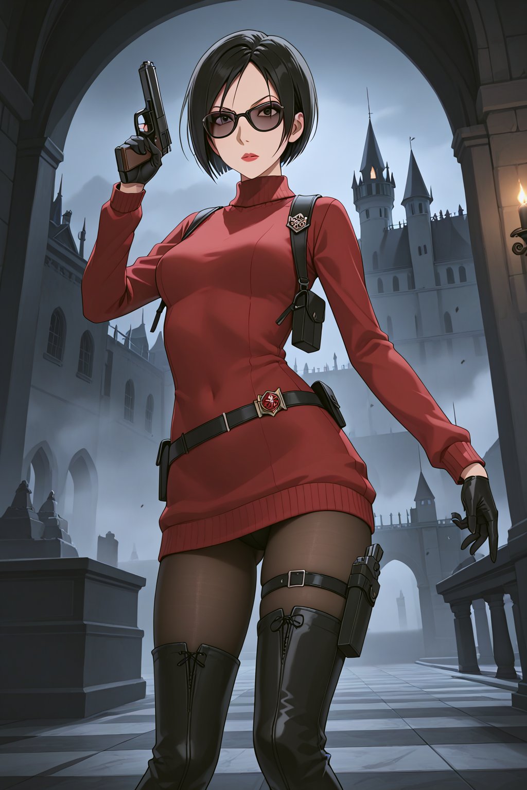 score_9, score_8_up, score_7_up, source_resident_evil_4,1girl,solo, ada wong, (burgundy sweater, thigh boots, black pantyhose, sunglasses,holster, black gloves,handgun),inside castle, action_pose, horror themed, dark,night,fog