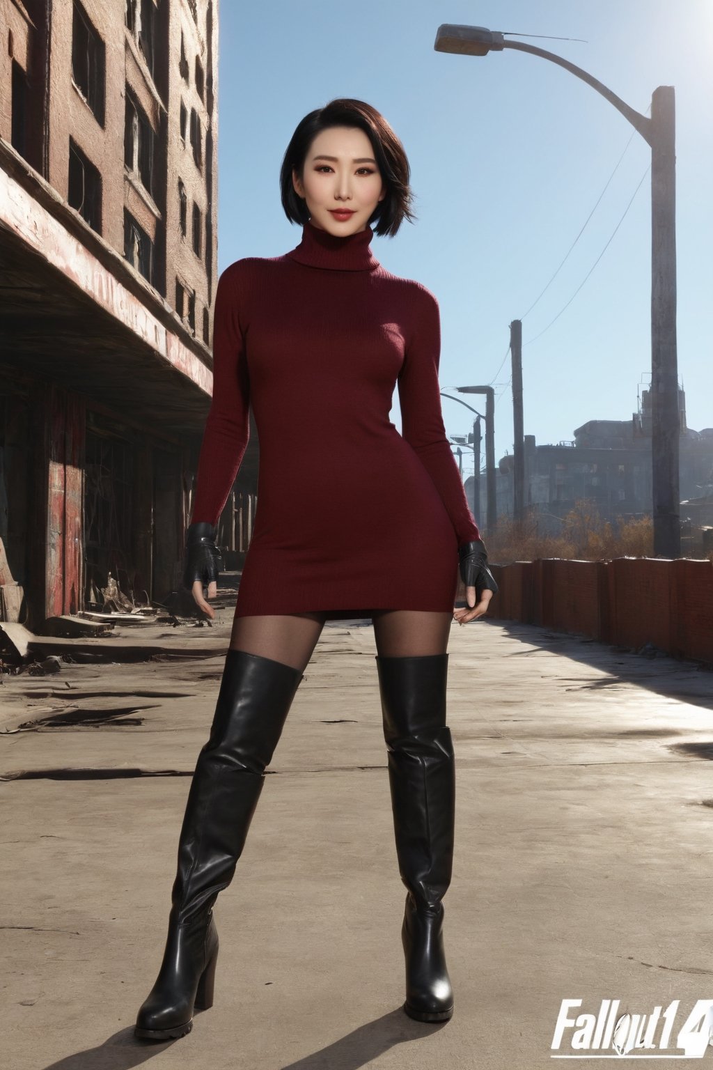 ((((Fallout 4 style)))), 24yo li bingbing, with BLACK asymmetrical blunt bobcut, (black eyeshadow), wearing (burgundy turtleneck sweater dress) with ((black_harness)), ((((black nylon pantyhose)))) under, (((long Black leather thighhigh boots))), in apocalyptic ((wastecity)), smirk, volumetric lighting, Render this image in 8K Extremely Realistic, Ensure the image is in 8K resolution, maintaining an 8K RAW photo level quality, treated as a masterpiece. ensuring the render is extremely realistic and detailed, following the high standards of SDXL. Enhance the realism and detail of the hands (Perfect hands:1.2), Fallout_4