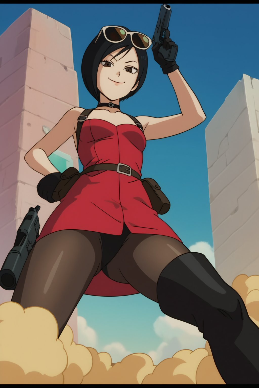 score_9,score_8_up,score_7_up,ada wong,solo, (brown trenchcoat, short shoulderfree red dress,thigh boots,black pantyhose,holster,harness,black gloves,sunglasses on head,handgun,aiming,smug,viewed_from_below,official anime screenshot,official anime screencap,source_anime,drgbls1