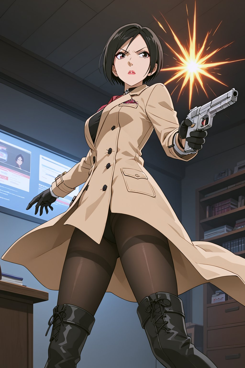 score_9,score_8_up,score_7_up,source_resident_evil_2,ada wong,solo, (brown trenchcoat,thigh boots,black pantyhose,black gloves,sunglasses,one handgun),serious,action shot,gunshot,dynamic_pose,action_pose,indoors,office,horror_themed,dark,night,dark atmosphere,spooky,viewed_from_side,low-angle_shot,official anime screenshot,official anime screencap,source_anime