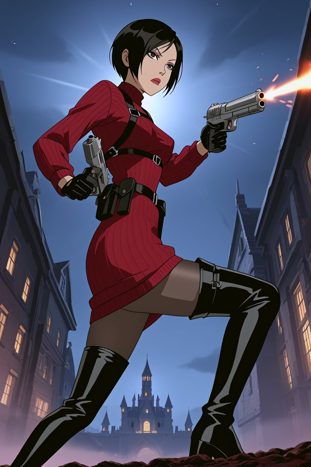 score_9,score_8_up,score_7_up,source_resident_evil_4,ada wong,solo, (burgundy_sweater,thigh boots,black pantyhose,holster,harness,black gloves,one handgun),serious,action shot,gunshot,dynamic_pose,action_pose,inside_castle,horror_themed,dark,night,fog,viewed_from_side,low-angle_shot,official anime screenshot,official anime screencap,source_anime,dcaustyle