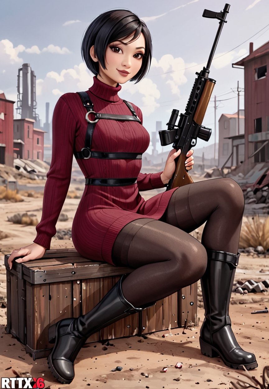 ((((Fallout_4_style)))), 24yo Ada Wong with BLACK asymmetrical blunt bobcut and (black eyeshadow), wearing (burgundy turtleneck sweater dress) with ((black_harness)), ((((black nylon pantyhose)))) under, (((long Black leather thighhigh boots))), she holds a (((Assault Rifle))), sitting in apocalyptic ((wastecity)), smirk, hypnosis gaze, nighttime, haze, perfect composition, epic, rtx on, UHD, 32K, photorealistic, ((natural realistic skin tone and texture)). Fallout_4_logo,disney pixar style