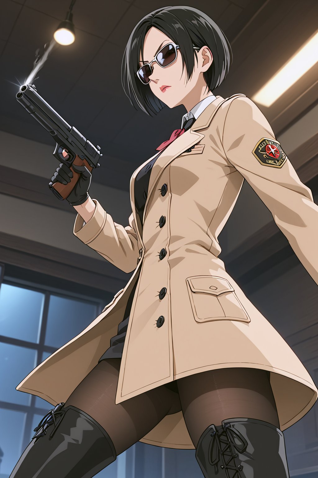 score_9,score_8_up,score_7_up,source_resident_evil_2,ada wong,solo, (brown trenchcoat,thigh boots,black pantyhose,black gloves,sunglasses,one handgun),serious,action shot,gunshot,dynamic_pose,action_pose,indoors,horror_themed,dark,night,dark atmosphere,spooky,viewed_from_side,low-angle_shot,official anime screenshot,official anime screencap,source_anime