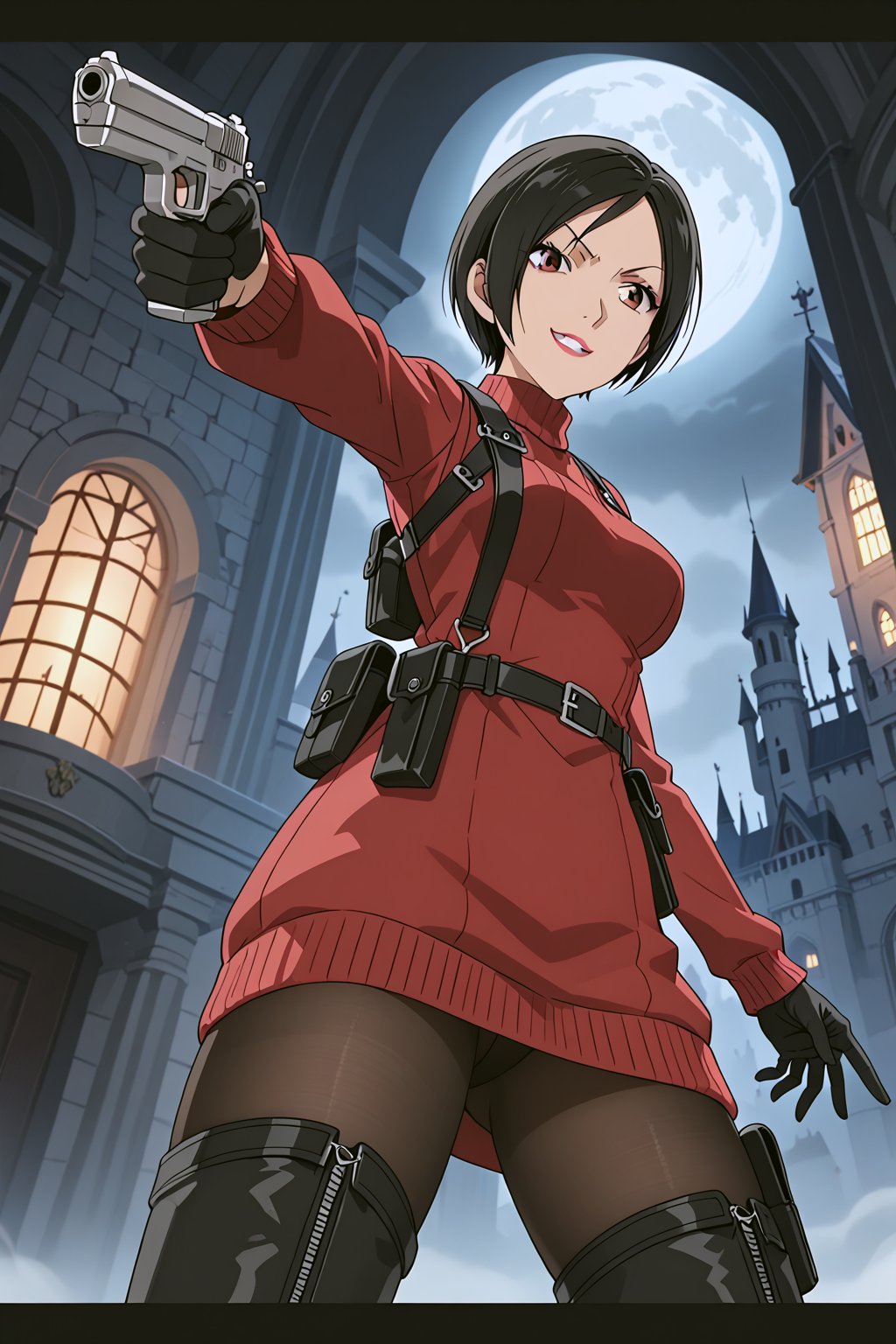 score_9,score_8_up,score_7_up,soutce_resident_evil_4,ada wong,solo, (burgundy_sweater,thigh boots,black pantyhose,holster,harness,black gloves,one handgun),smug,pointing handgun,action, action_pose,inside_castle,horror_themed,dark,night,fog,viewed_from_side,low-angle_shot,official anime screenshot,official anime screencap,source_anime