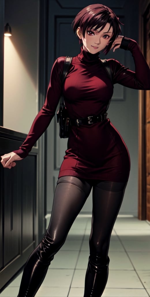 Thigh up, EPBlackLagoonStyle, Solo, Ada Wong with Asymmetrical short hair, wearing a ((burgundy Turtleneck sweater dress)), (((black Pantyhose))), (((Long black leather thighhigh Boots))), (Holster, harness), smile, dark atmosphere, Horror themed, midnight, inside Police station