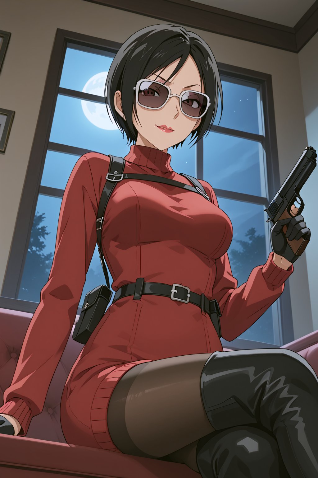 score_9,score_8_up,score_7_up,ada wong,solo, (burgundy sweater,thigh boots,black pantyhose,holster,harness,black gloves,sunglasses,handgun),evil smug,crossed_legs_(sitting),indoors,window,horror_themed,dark,night,dark atmosphere,spooky,low-angle_shot,from below,official anime screenshot,official anime screencap,source_hentai