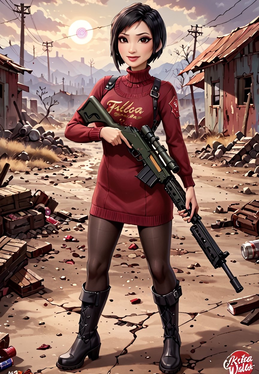 ((((Fallout_4_style)))), 24yo Ada Wong with BLACK asymmetrical blunt bobcut and (black eyeshadow), wearing (burgundy turtleneck sweater dress) with ((black_harness)), ((((black nylon pantyhose)))) under, (((long Black leather overknee thighhigh boots))), Holding ((Assault Rifle)), Gun, Weapon, in apocalyptic ((wastecity)), Nuka_Cola_Bottle, smile, hypnosis gaze, haze, perfect composition, epic, rtx on, UHD, 32K, photorealistic, ((natural realistic skin tone and texture)). Fallout_4_logo,disney pixar style,fallout,score_9, score_8_up