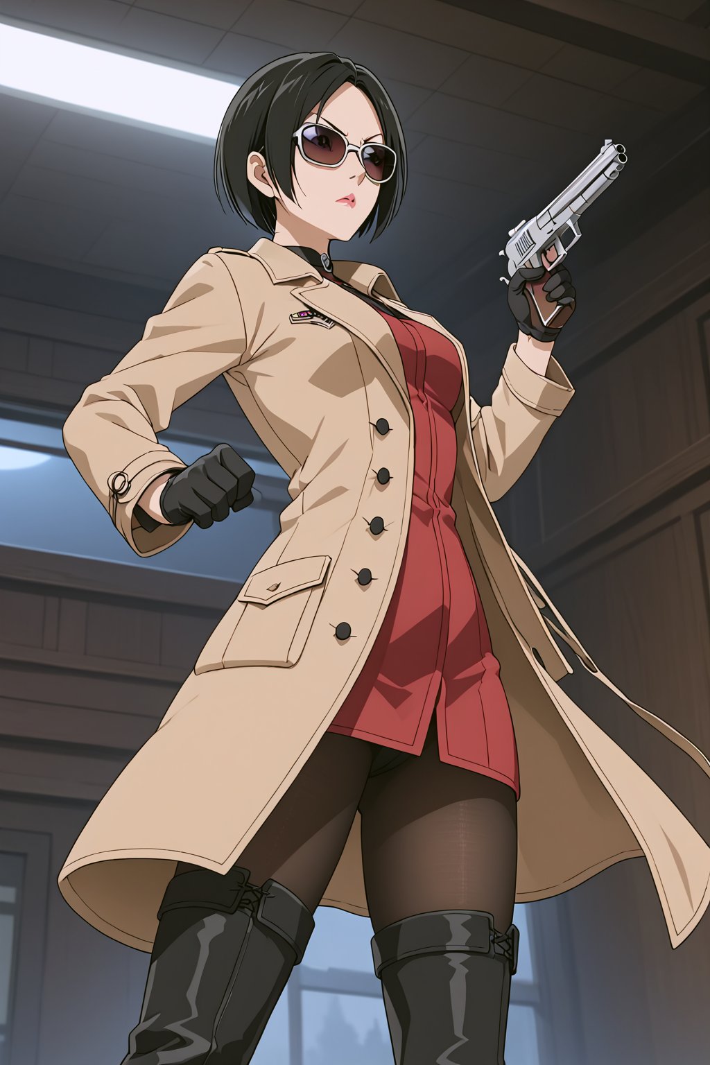 score_9,score_8_up,score_7_up,source_resident_evil_2,ada wong,solo, (brown trenchcoat,thigh boots,black pantyhose,black gloves,sunglasses,one handgun),serious,action shot,gunshot,dynamic_pose,action_pose,indoors,horror_themed,dark,night,dark atmosphere,spooky,viewed_from_side,low-angle_shot,official anime screenshot,official anime screencap,source_anime