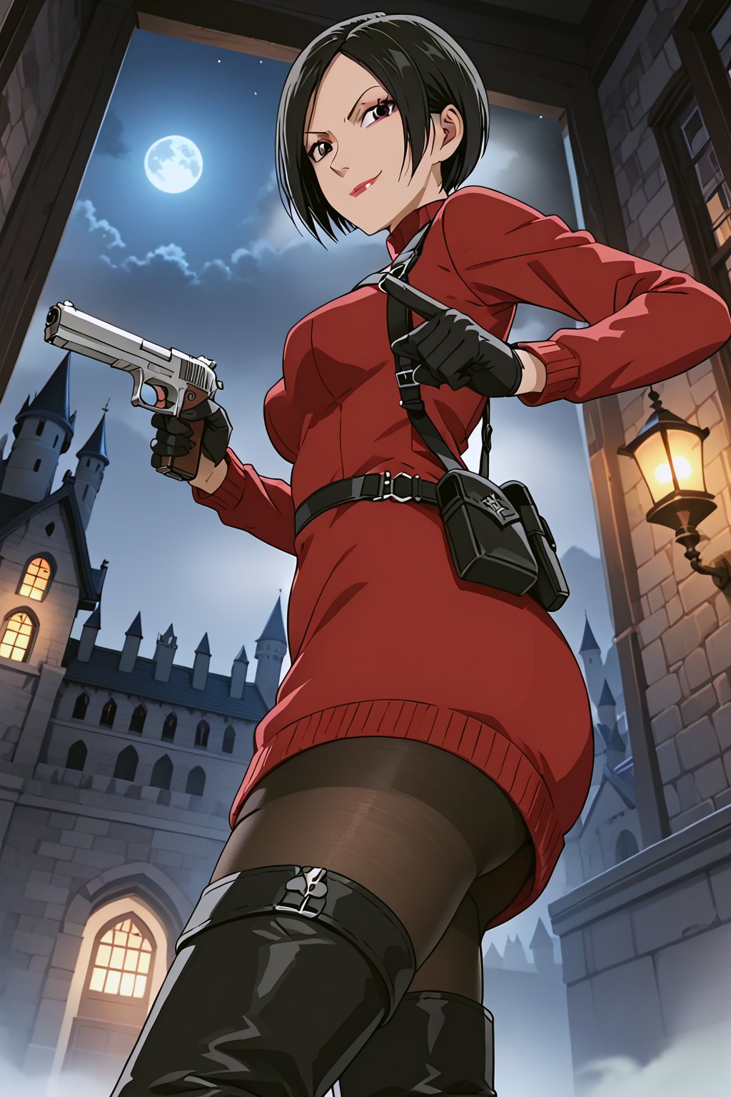 score_9,score_8_up,score_7_up,source_resident_evil_4,ada wong,solo, (burgundy_sweater,thigh boots,black pantyhose,holster,harness,black gloves,handgun),smug,pointing handgun,presenting_foot,action, action_pose,inside_castle,horror_themed,dark,night,fog,viewed_from_side,low-angle_shot,official anime screenshot,official anime screencap,source_anime