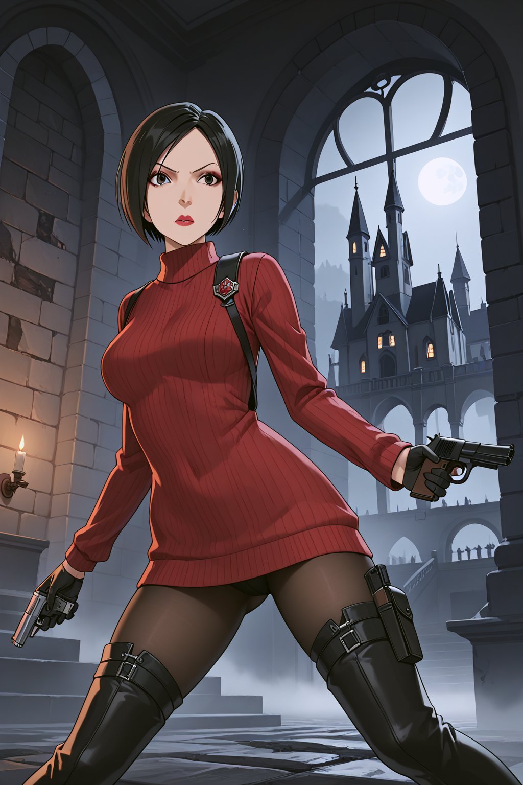 score_9, score_8_up, score_7_up, source_resident_evil_4,1girl,solo, ada wong, (burgundy sweater, thigh boots, black pantyhose, sunglasses,holster, black gloves,handgun),inside castle, action_pose, horror themed, dark,night,fog