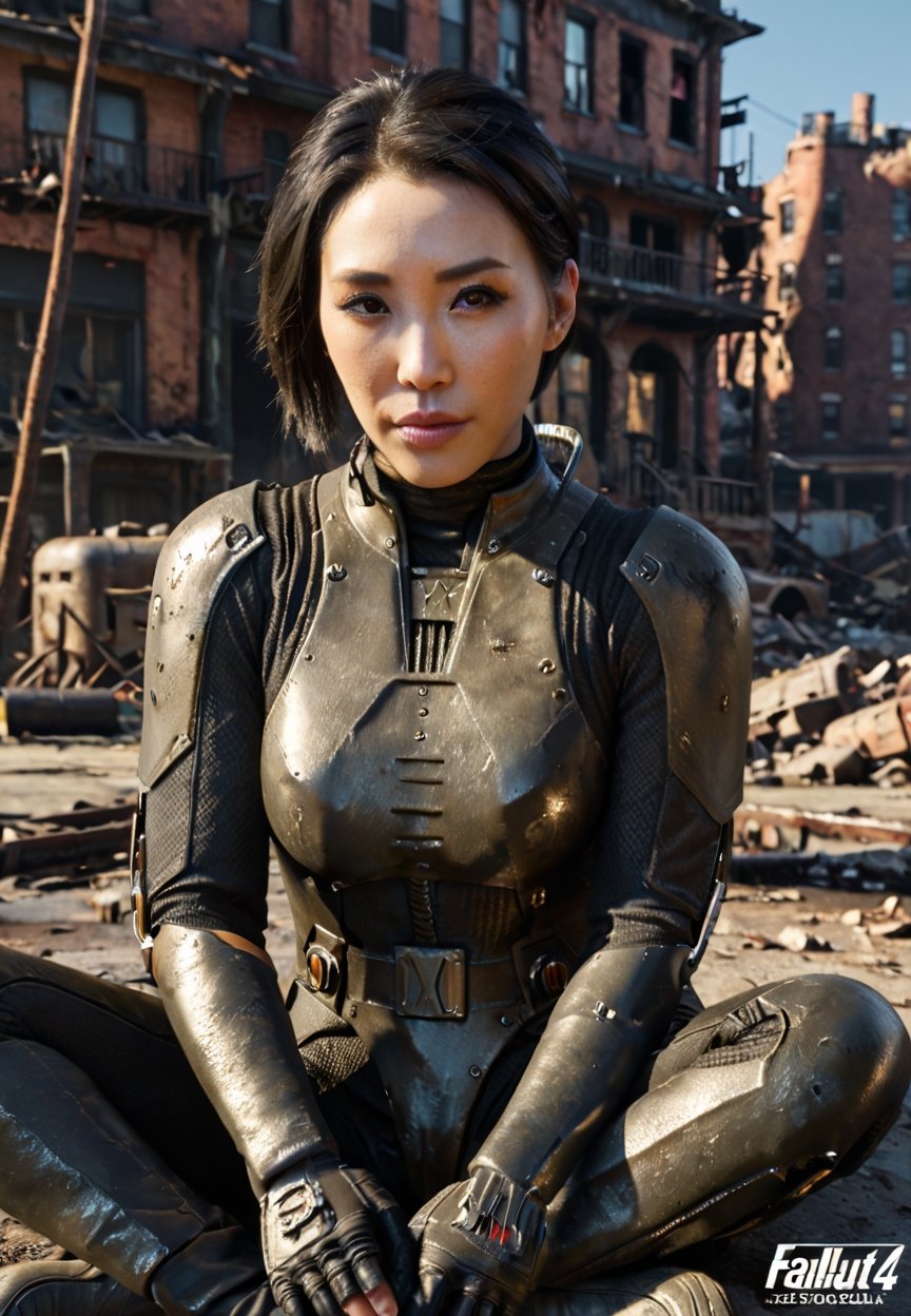 ((((Fallout_4_style)))), 24yo chinese girl Li Bingbing, with BLACK asymmetrical blunt bobcut, (black eyeshadow), wearing (chinese stealth suit), sitting in apocalyptic destroyed ((boston wastecity)), smirk, hypnosis gaze, nighttime, haze, perfect composition, epic, rtx on, UHD, 32K, photorealistic, ((natural realistic skin tone and texture)). Fallout_4_logo,